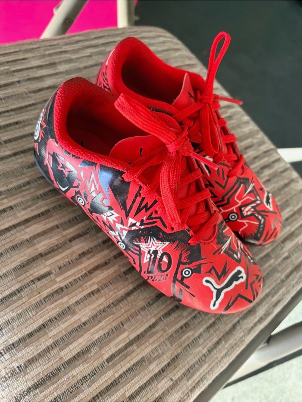 Boys puma red, white and black soccer cleats